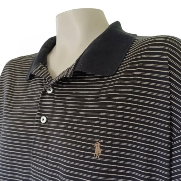 Polo Ralph Lauren Black and Tan Striped Polo Preppy Golf Casual - Picture 2 of 5
